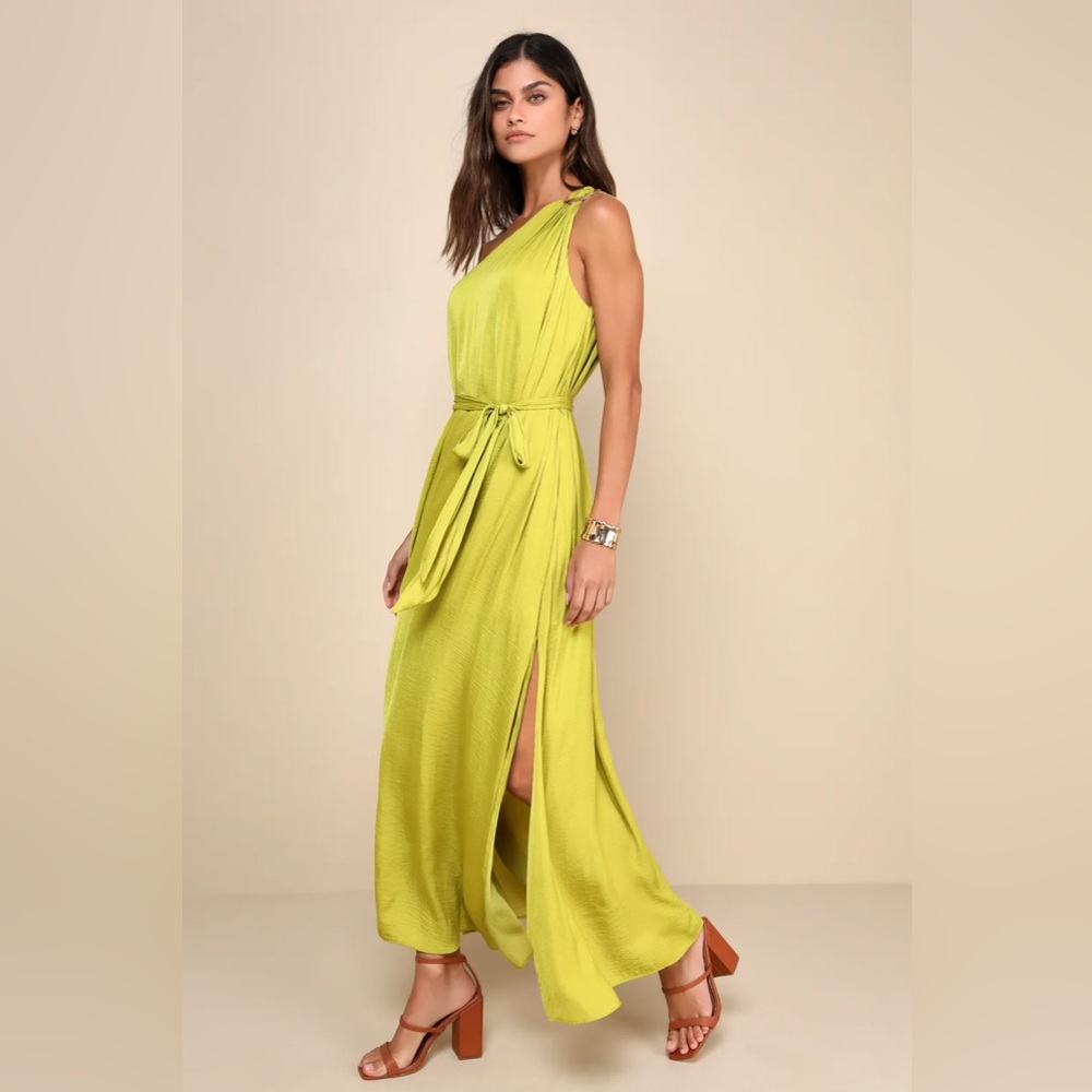 Goddess Aura Chartreuse Satin One-Shoulder Maxi Dress